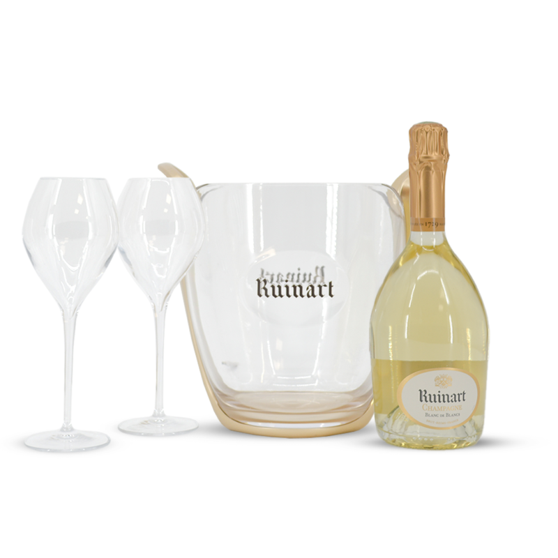 Ruinart Blanc de Blancs met transparante cooler en 2 glazen