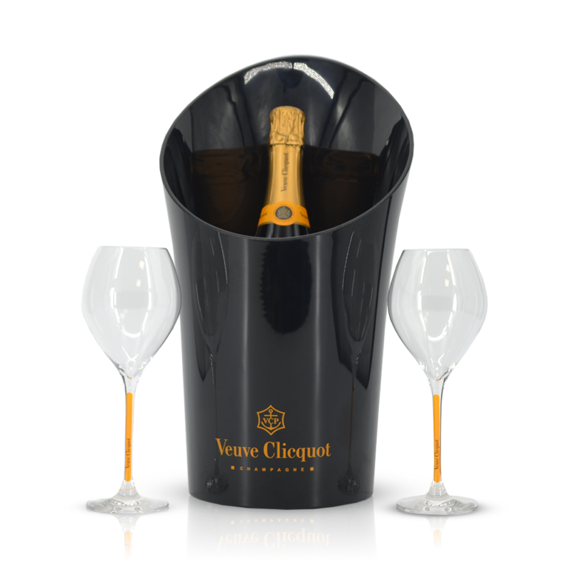 Veuve Clicquot Brut met zwarte cooler en 2 glazen