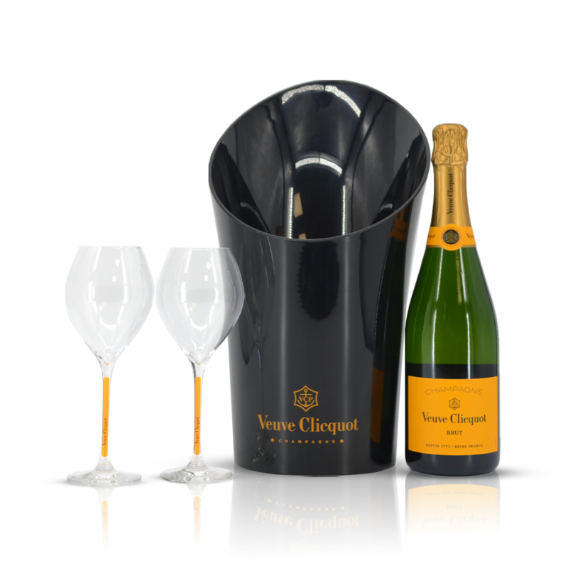 Veuve Clicquot Brut met zwarte cooler en 2 glazen