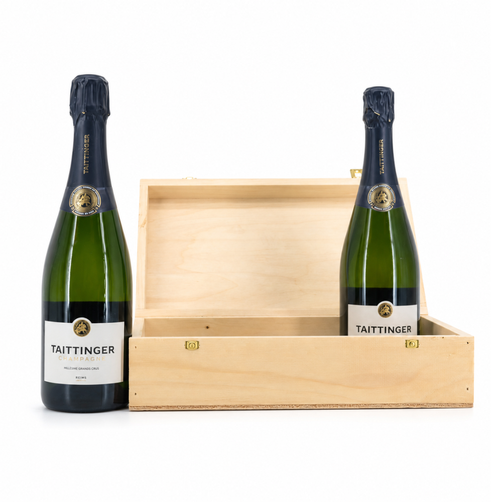 Zwei Flaschen Taittinger Prelude Grands Crus in Holzkiste