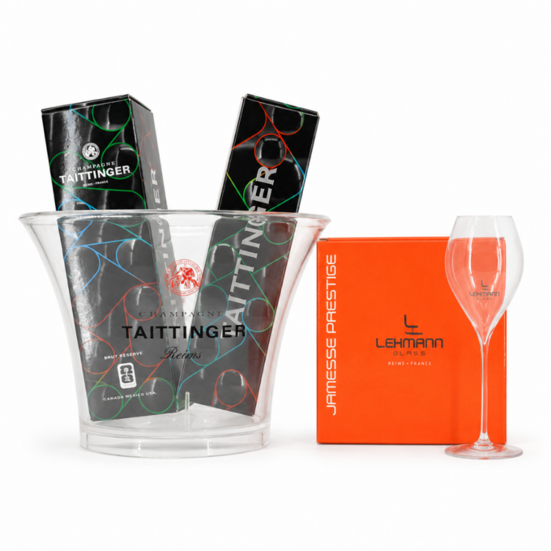 2 Flaschen Taittinger Brut Reserve WK-Edition mit Kühler und 6 Gläsern