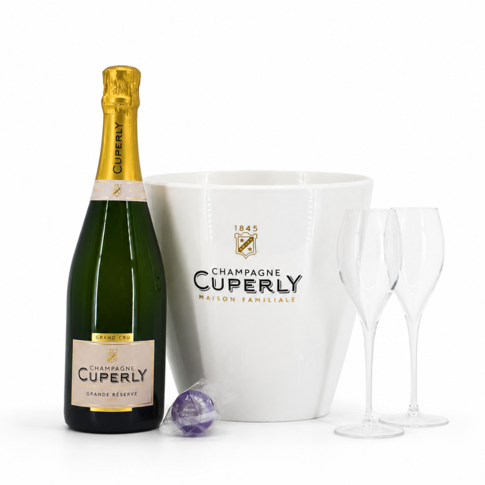 Cuperly Grande Reserve Brut met cooler, glazen en fles stopper