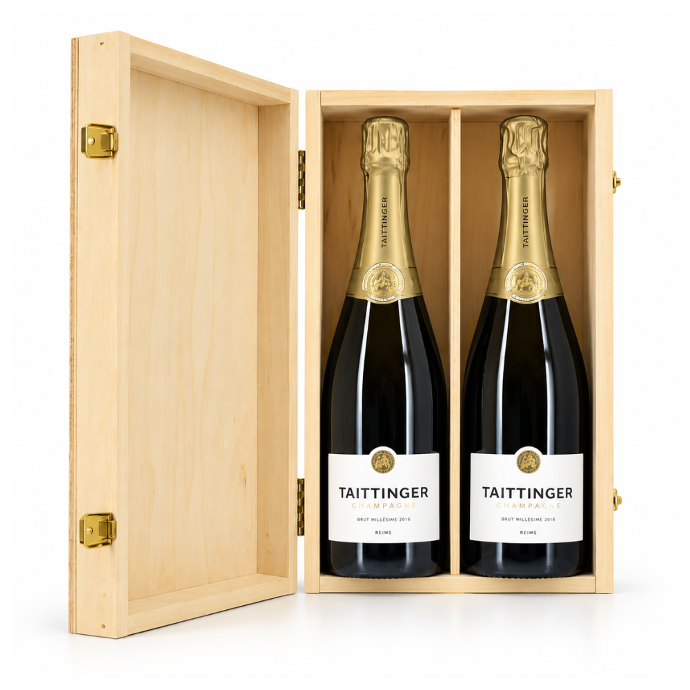 2 Flaschen Taittinger Brut Millésime 2016 in einem Holzkisten