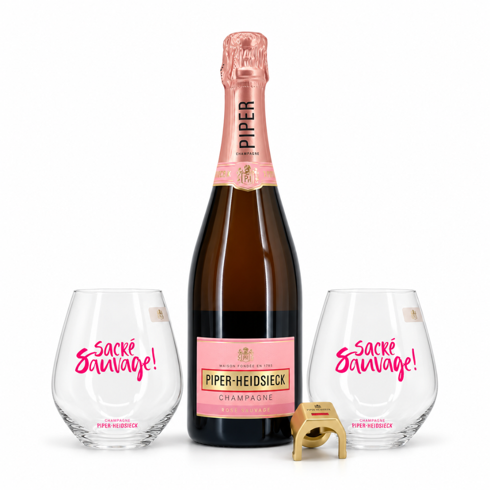 Piper Heidsieck Brut Rose mit zwei Gläsern und Verschluss
